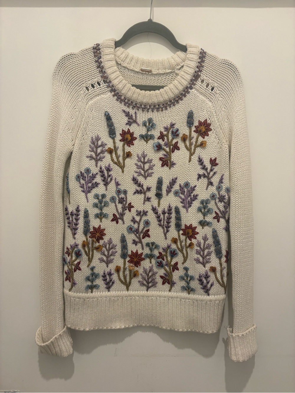 Adam Lippes Cream Crewneck Sweater with Multicolor Floral Embroidery